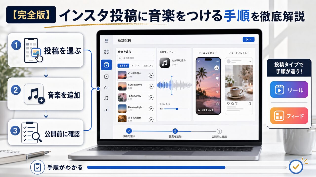 【完全版】インスタ投稿に音楽をつける手順を徹底解説の図解