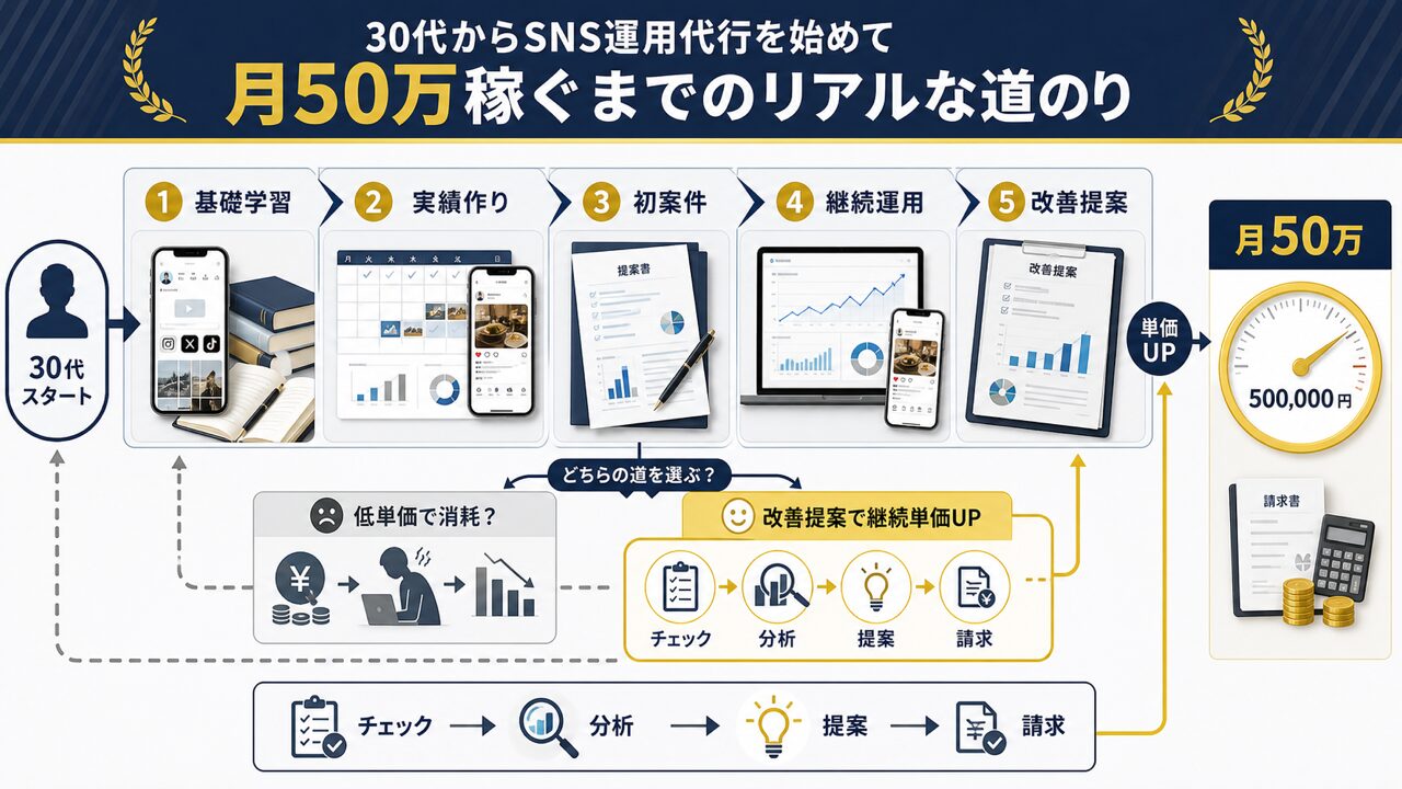 30代からSNS運用代行を始めて月50万稼ぐまでのリアルな道のりの要点図解