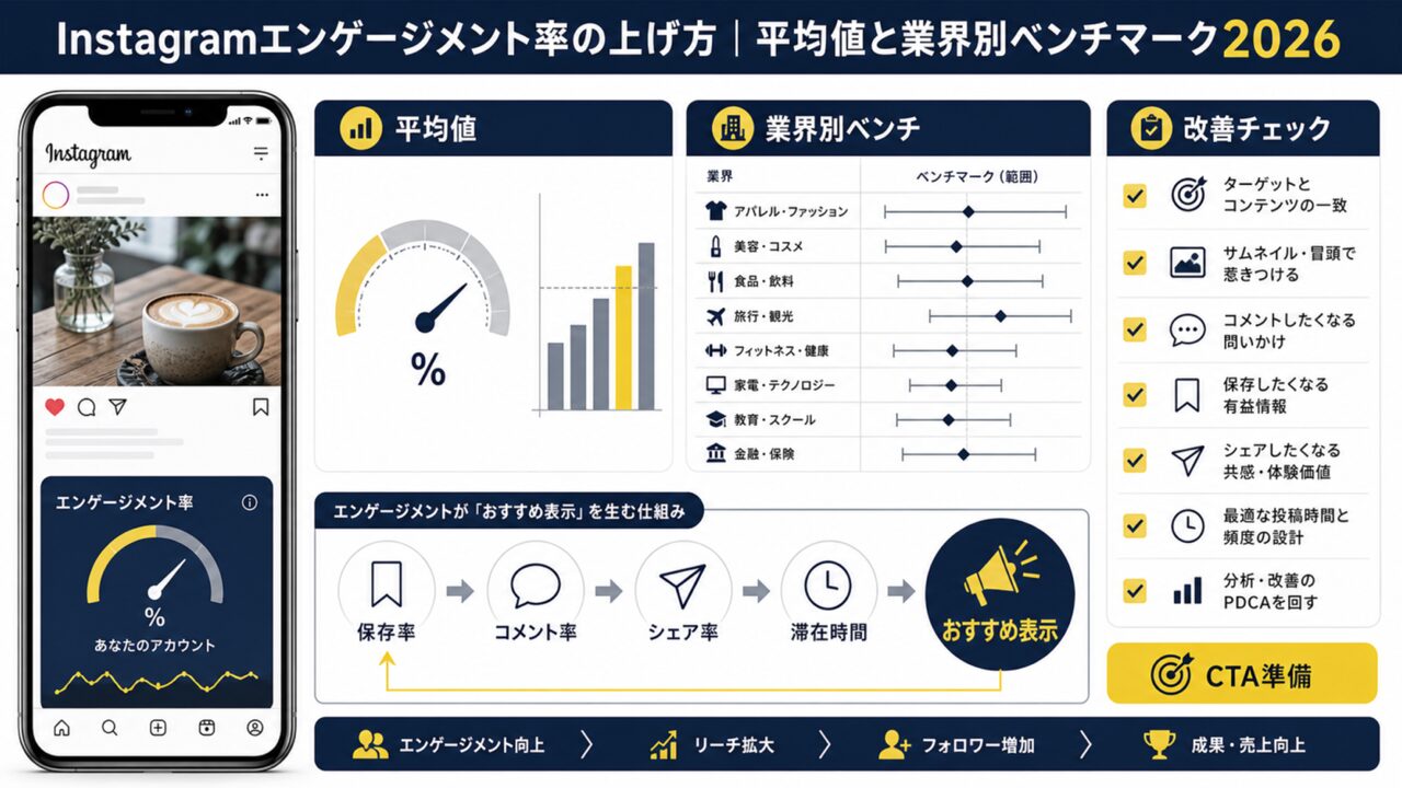 Instagramエンゲージメント率の上げ方｜平均値と業界別ベンチマーク2026の要点図解