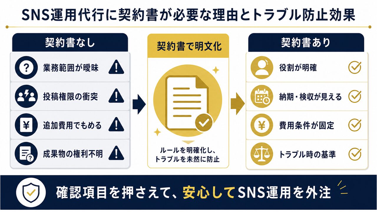 SNS運用 契約書 テンプレ完全版｜業務委託・代行で必須の項目とひな形を無料公開の要点を整理した図解