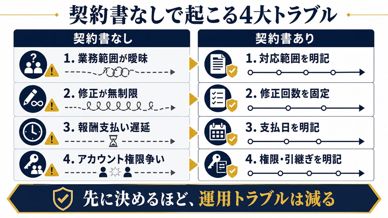 SNS運用代行の契約書テンプレ完全版|必須項目とコピペ雛形【2026年フリーランス新法対応】の要点を整理した図解