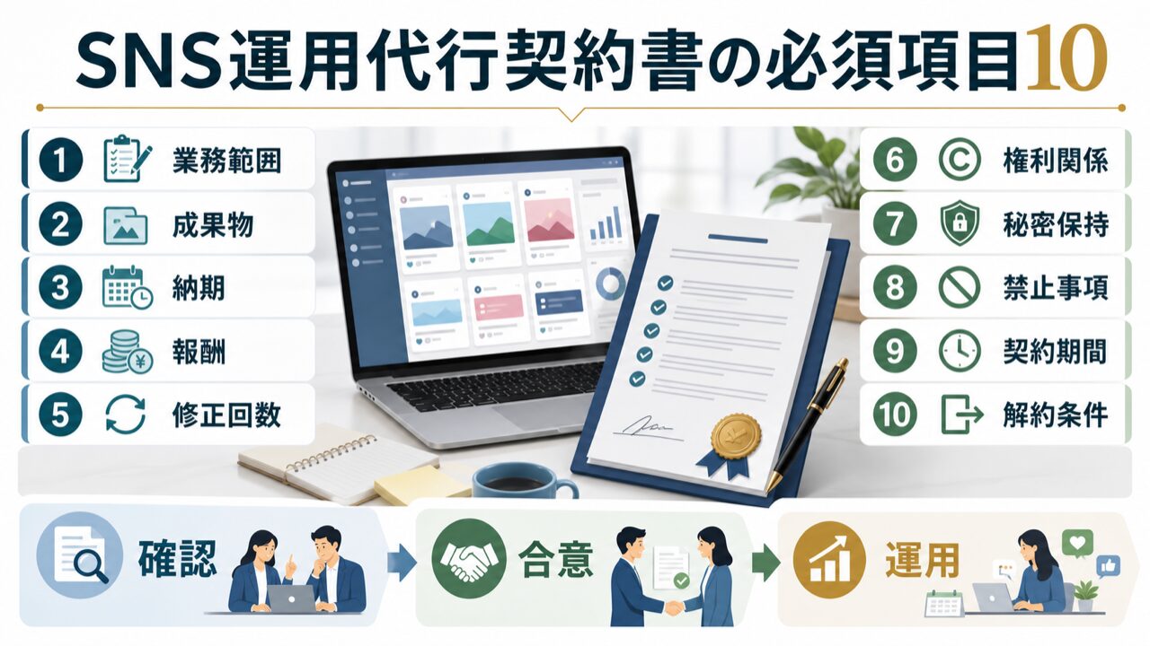 SNS運用代行 契約書に必ず入れるべき必須項目10の図解