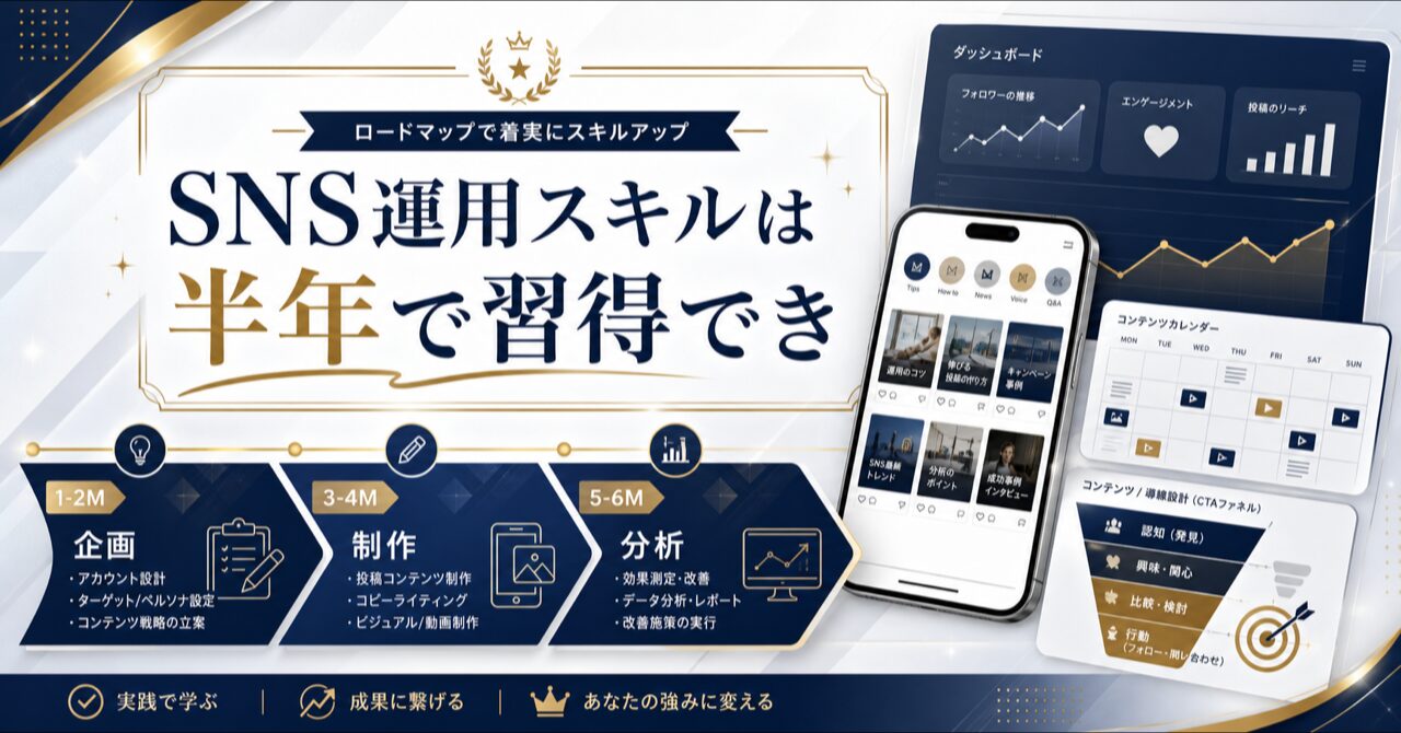 SNS運用スキルは半年で習得できる？未経験からの6ヶ月ロードマップ【2026年版】のアイキャッチ