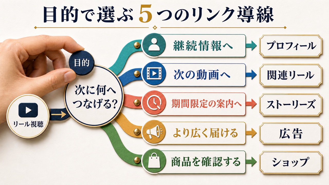 リールから外部サイトへ！あなたの目的を達成する5つの戦略的リンク誘導術の図解