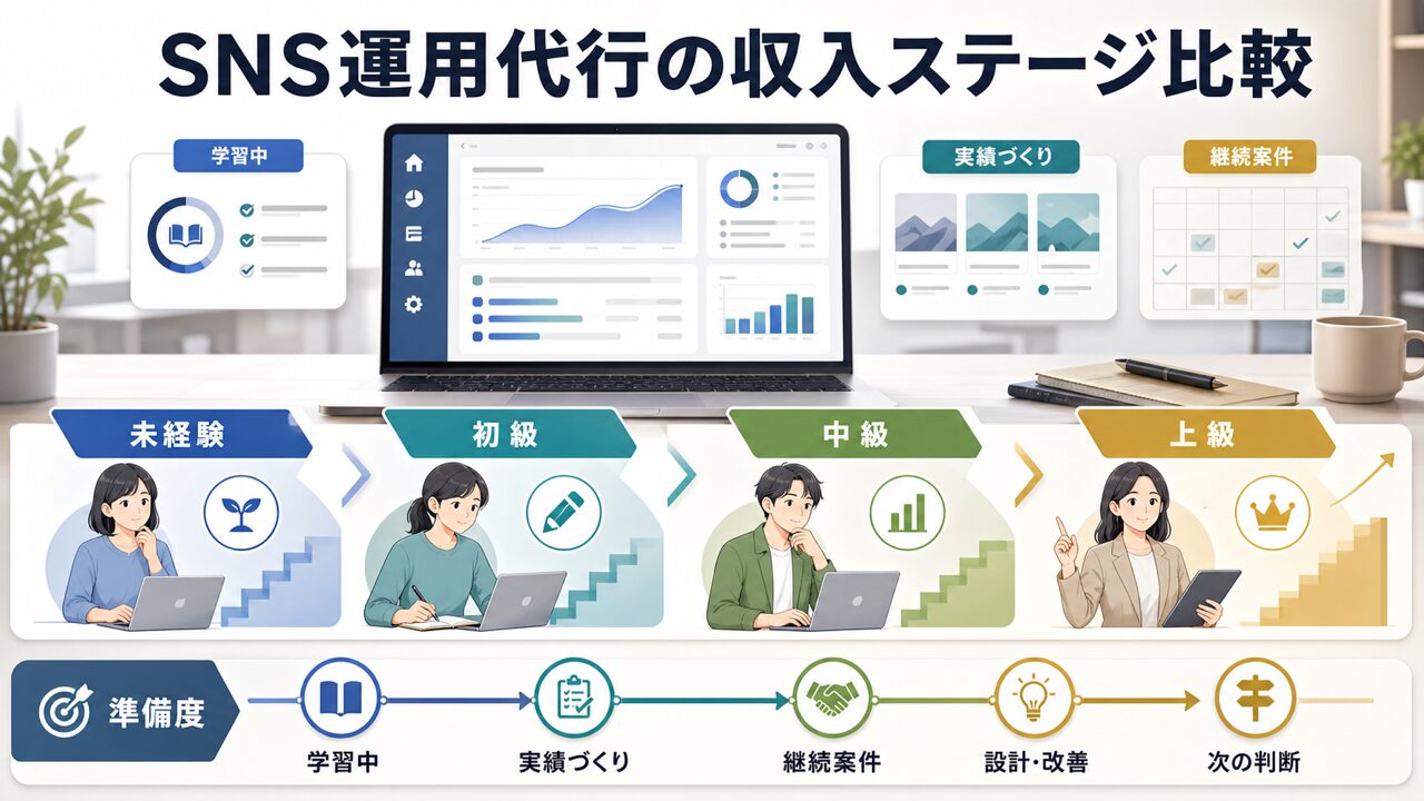 SNS運用代行の月収レンジ比較表|経験レベル別のリアルな収入データの図解