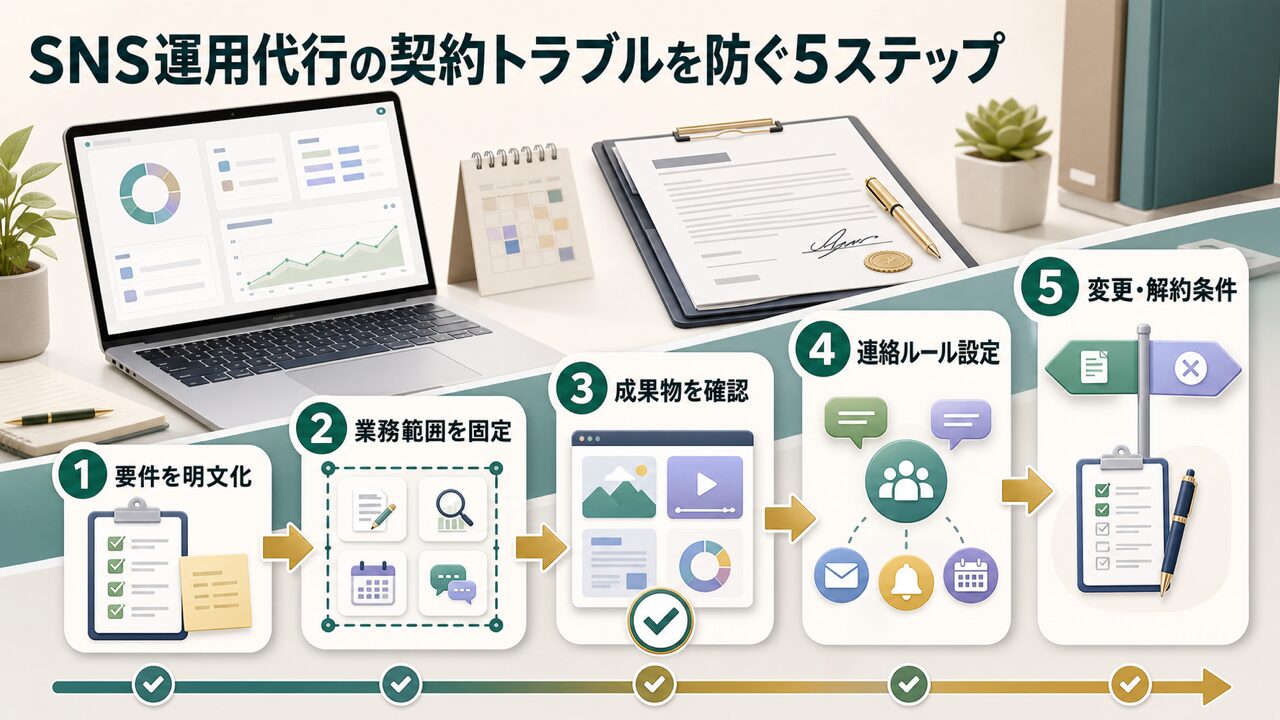 SNS運用代行の契約トラブル事例と対策の具体的な手順【ステップ1〜5】の図解