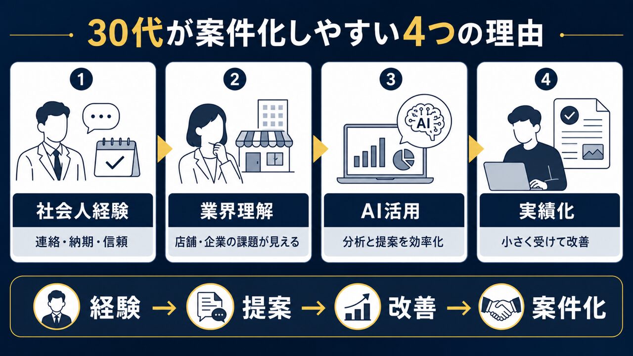 30代未経験からSNS運用代行の案件を獲得する完全ロードマップ|相場・必要スキルも解説の要点を整理した図解